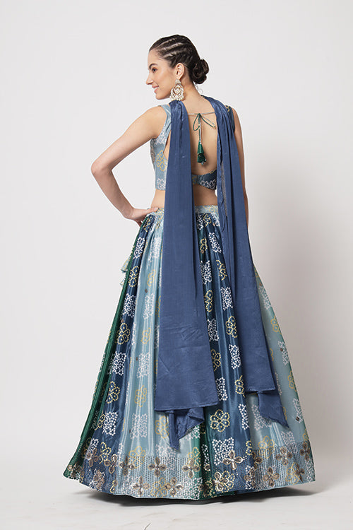 Blue Chinon Silk Print With Sequins Embroidered Work Lehenga Choli