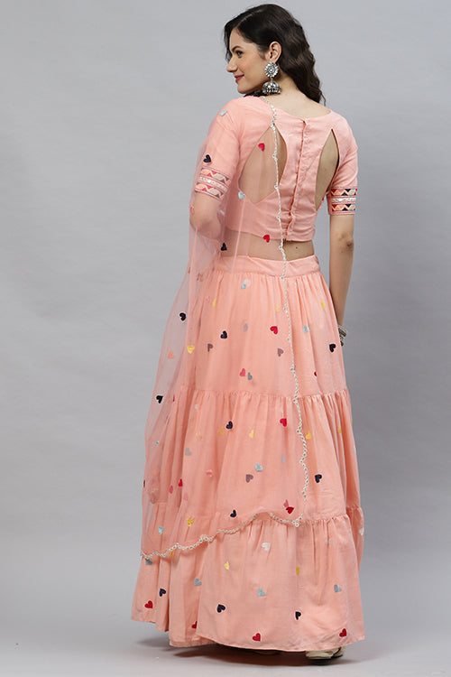 Pink Cotton Multi Embroidered Work Lehenga Choli