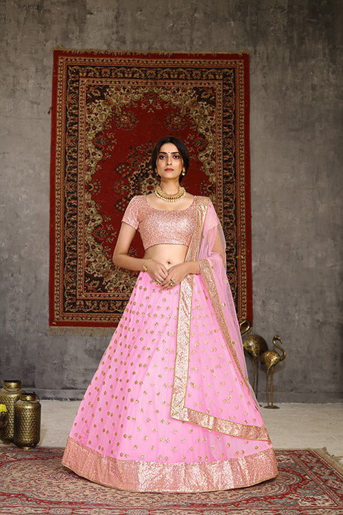Traditional Indian Bridal Style Net Embroidered Pink Lehenga Choli 124