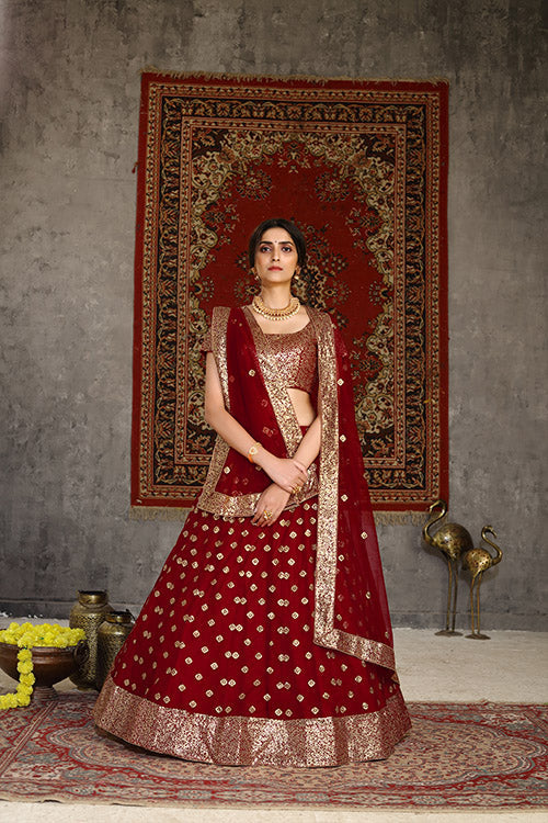 Traditional Indian Bridal Style Net Embroidered Red Lehenga Choli 123.3