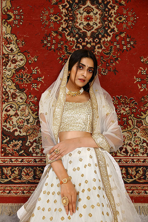 Traditional Indian Bridal Style Net Embroidered White Lehenga Choli 122.2